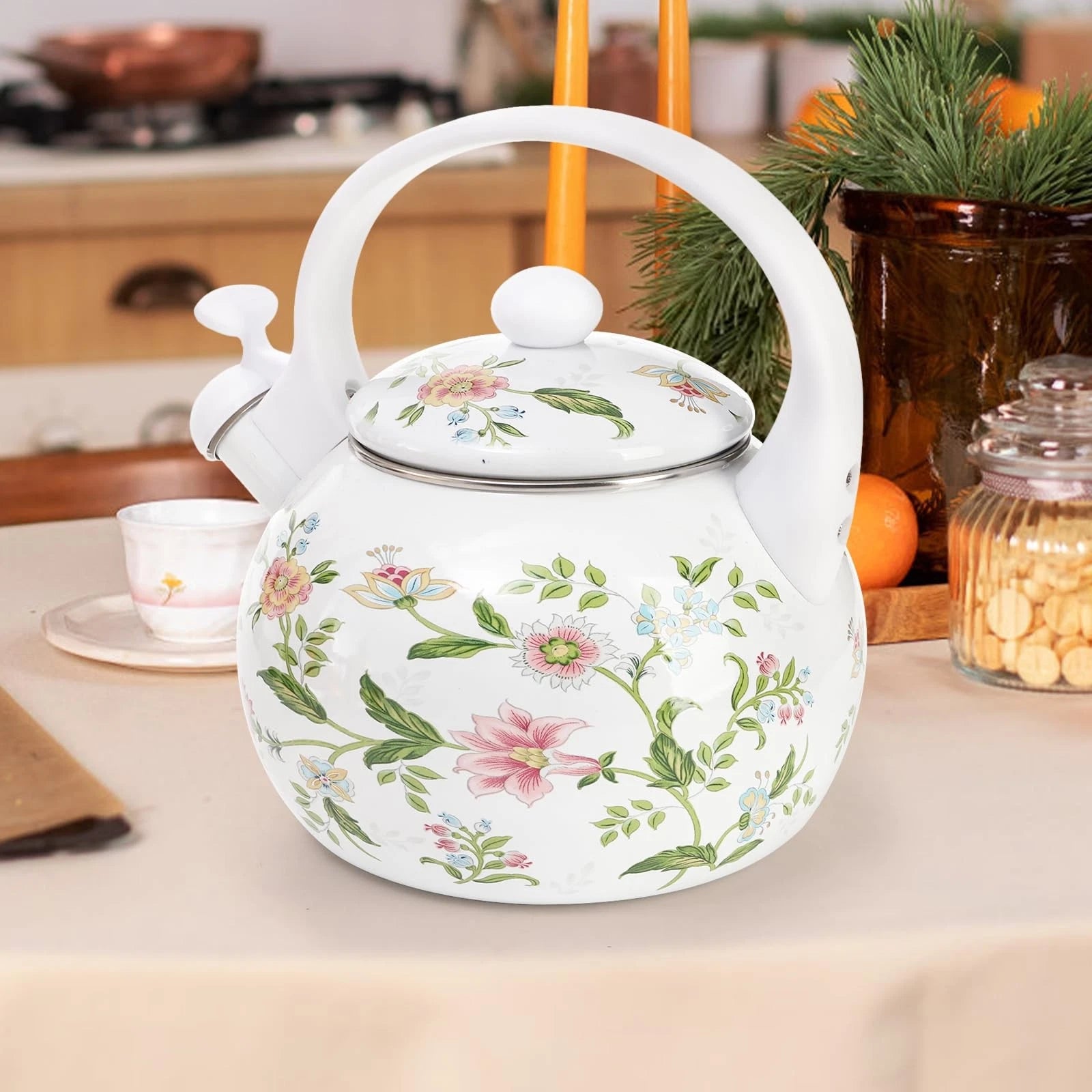 2.3 Quart Vintage Enamel Tea Kettle, Whistling Tea Kettle for Stove Top, Flor...