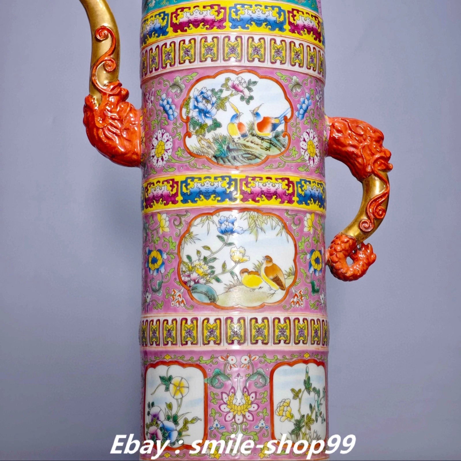 20.4" Yongzheng Enamel Colour Porcelain Gilt Flower Bird Wine Tea Pot Flagon