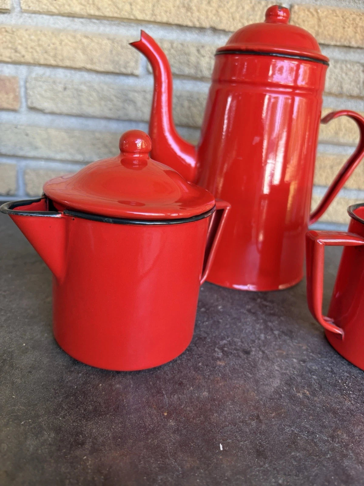 Enamel Red Coffee Pot Hand Tea Kettle With Sugar And Creamer Signs Of Wear