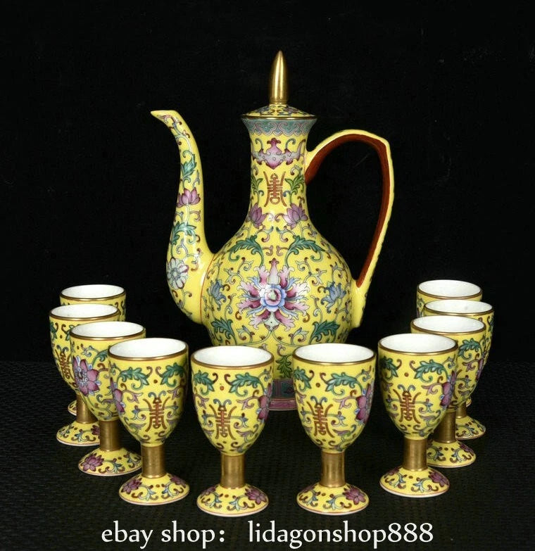 9" Yongzheng Marked Enamel Porcelain Flower Leaf Pattern Tea Wine Pot Cup Set