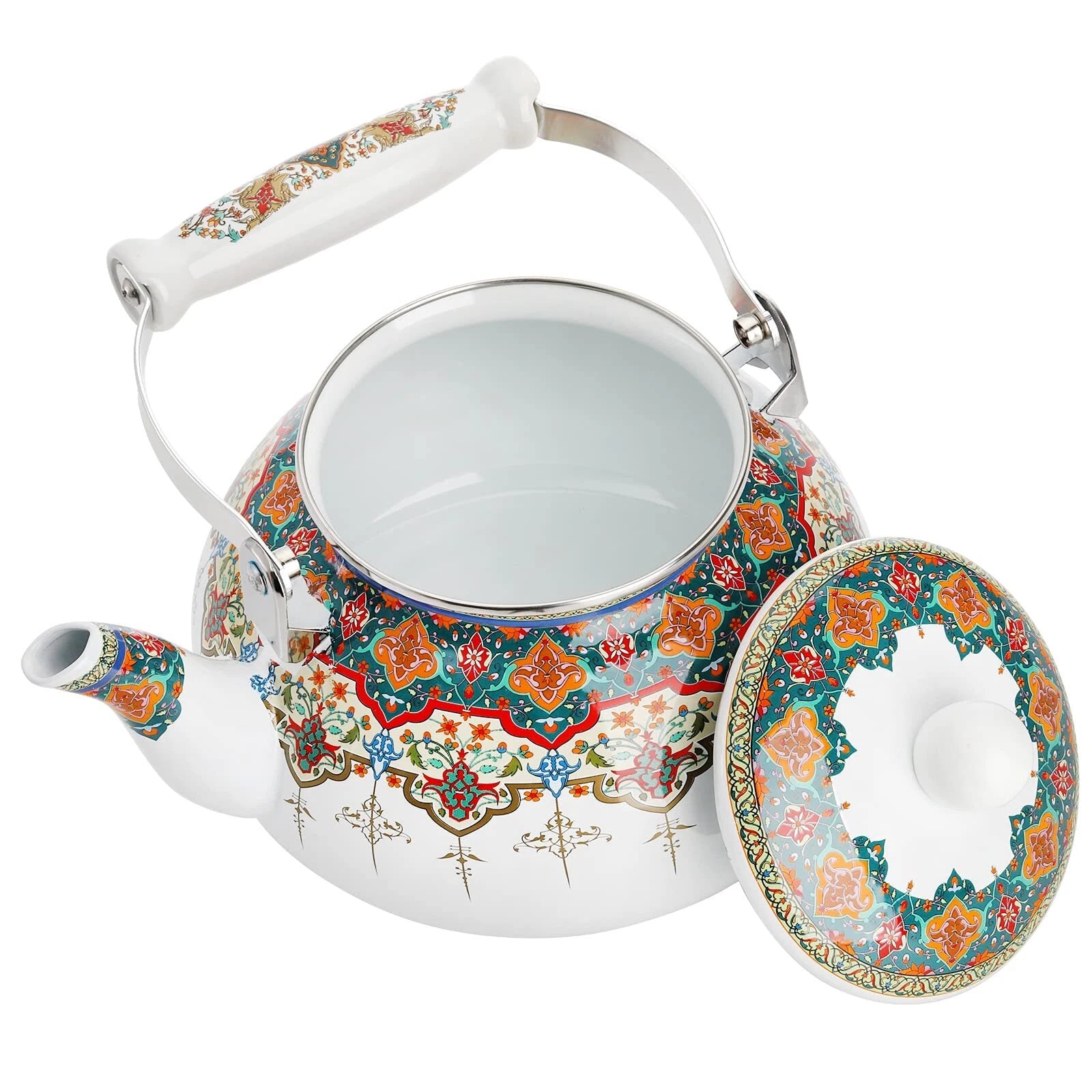 Ceramic Enamel Tea Kettle 2.6 Quart Large Floral Colorful Teapot With Handle For