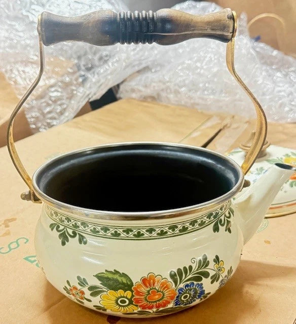 ASTA Germany Enamel Tea Kettle Teapot Floral with Lid; "PARTS", DECORATION