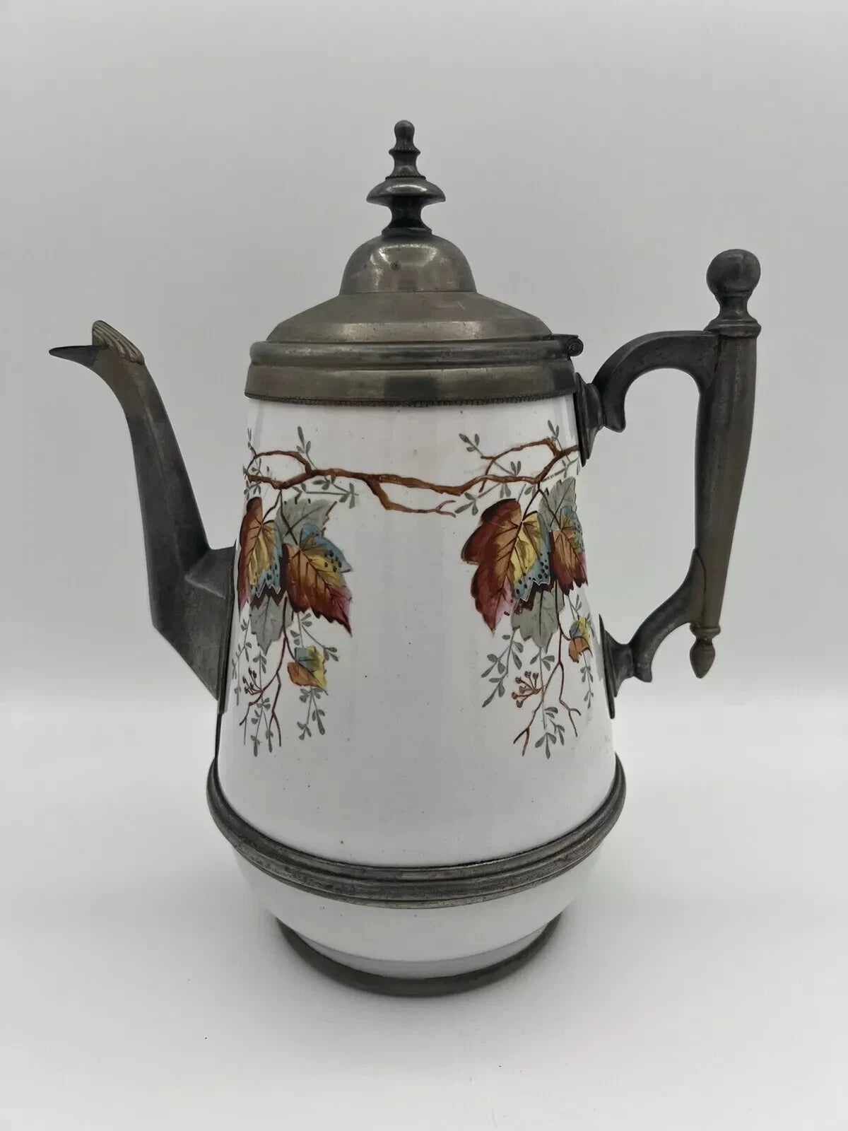 Antique Manning Bowman & Co 11” Teapot Coffee Pot Hand Painted Enamel & Pewter