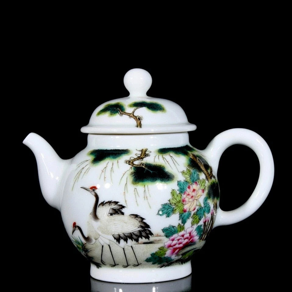 China antique Qing Dy Yongzheng Enamel Pine Tree Crane Porcelain Teapot Wine Pot