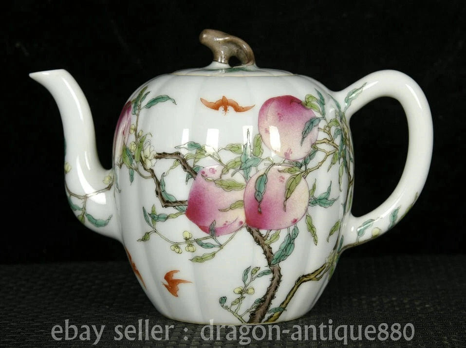 6.2" Old China Qianlong Marked Colour Enamel Porcelain Fushou Bat Peach Teapot
