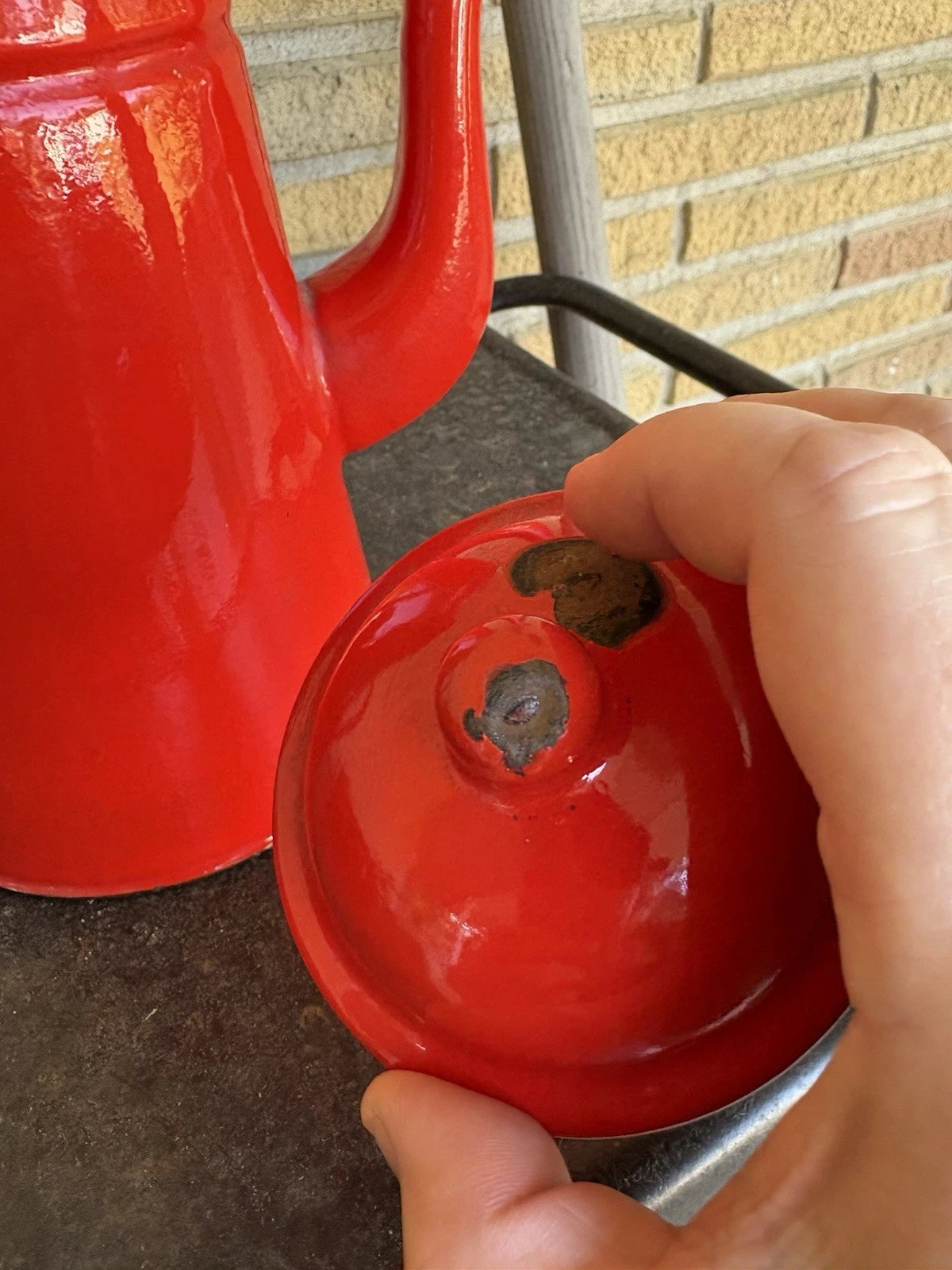 Enamel Red Coffee Pot Hand Tea Kettle With Sugar And Creamer Signs Of Wear