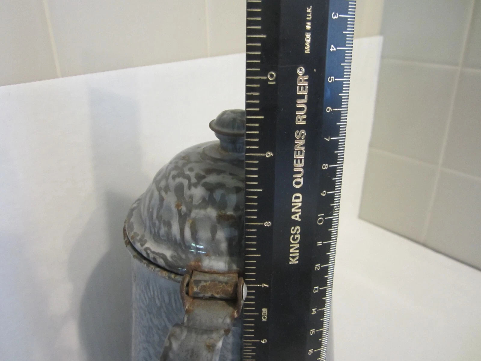 Antique Gray Granite Ware Enamel Coffee Tea Pot Cowboy w/Tin Lid Camping