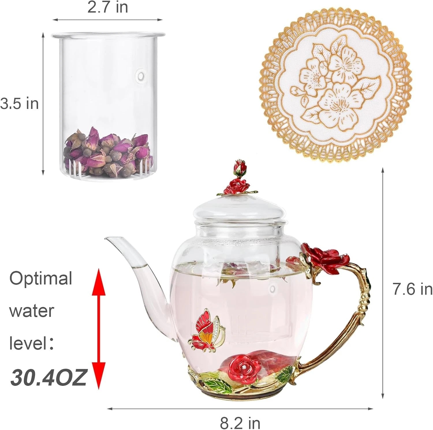 Enamel Glass Flower Tea Pot With Removable Loose Leaf Infuser Tea-Pot