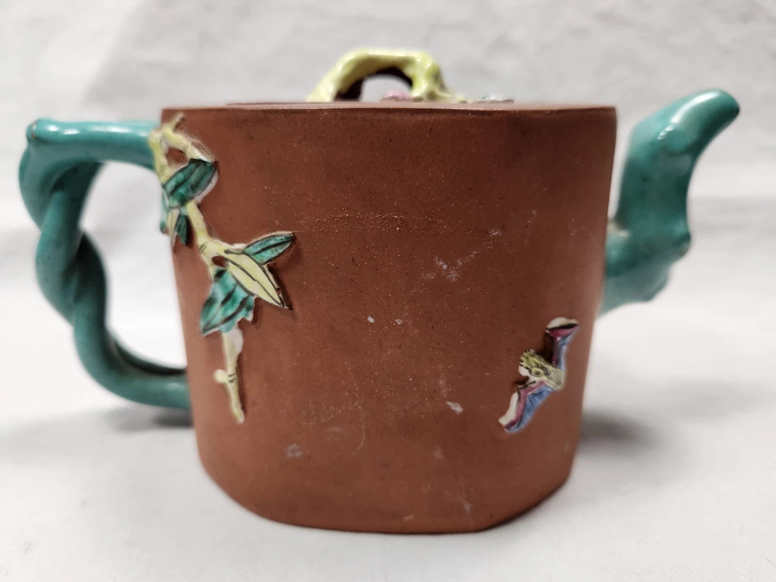 CHINESE YIXING ZISHA TEAPOT Enameled Decoration Flowers Signed Vintage