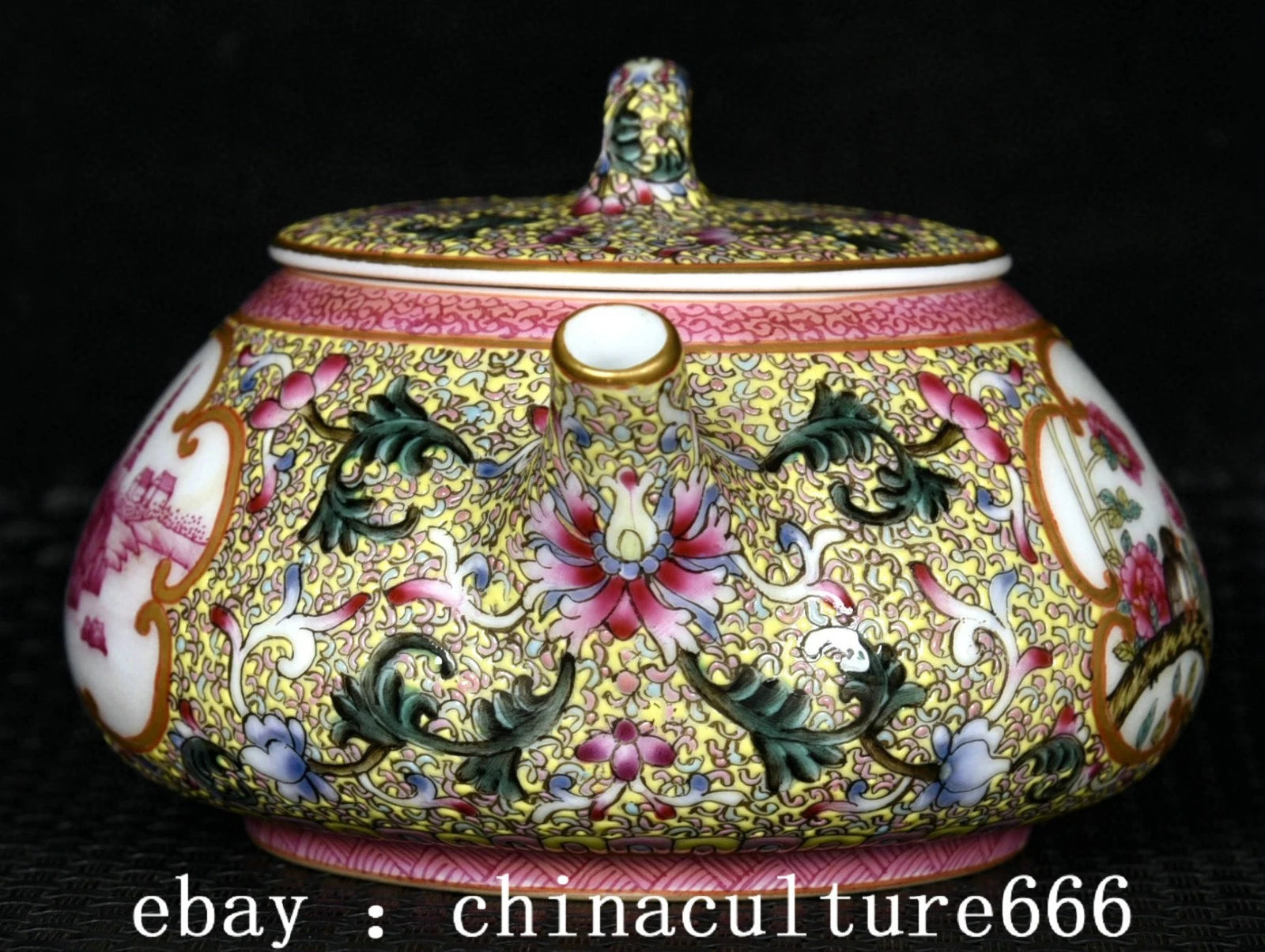 6" Qianlong Dynasty Colour Enamel Porcelain Flower Bird Animal Lid Teapot Pot