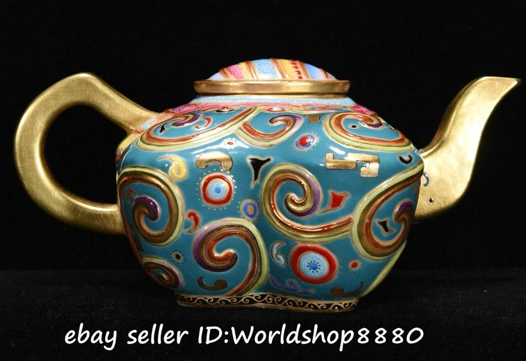 5.6" Qianlong Marked Enamel Porcelain Gilt Flower Butterfly Shaped Wine Tea Pot