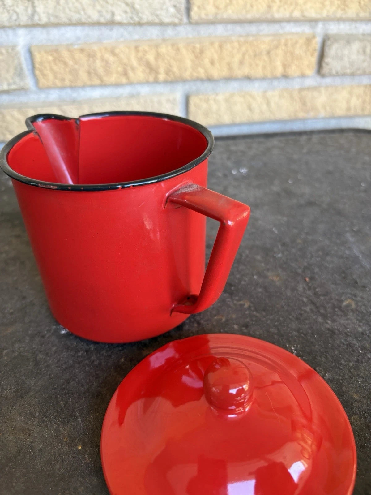 Enamel Red Coffee Pot Hand Tea Kettle With Sugar And Creamer Signs Of Wear