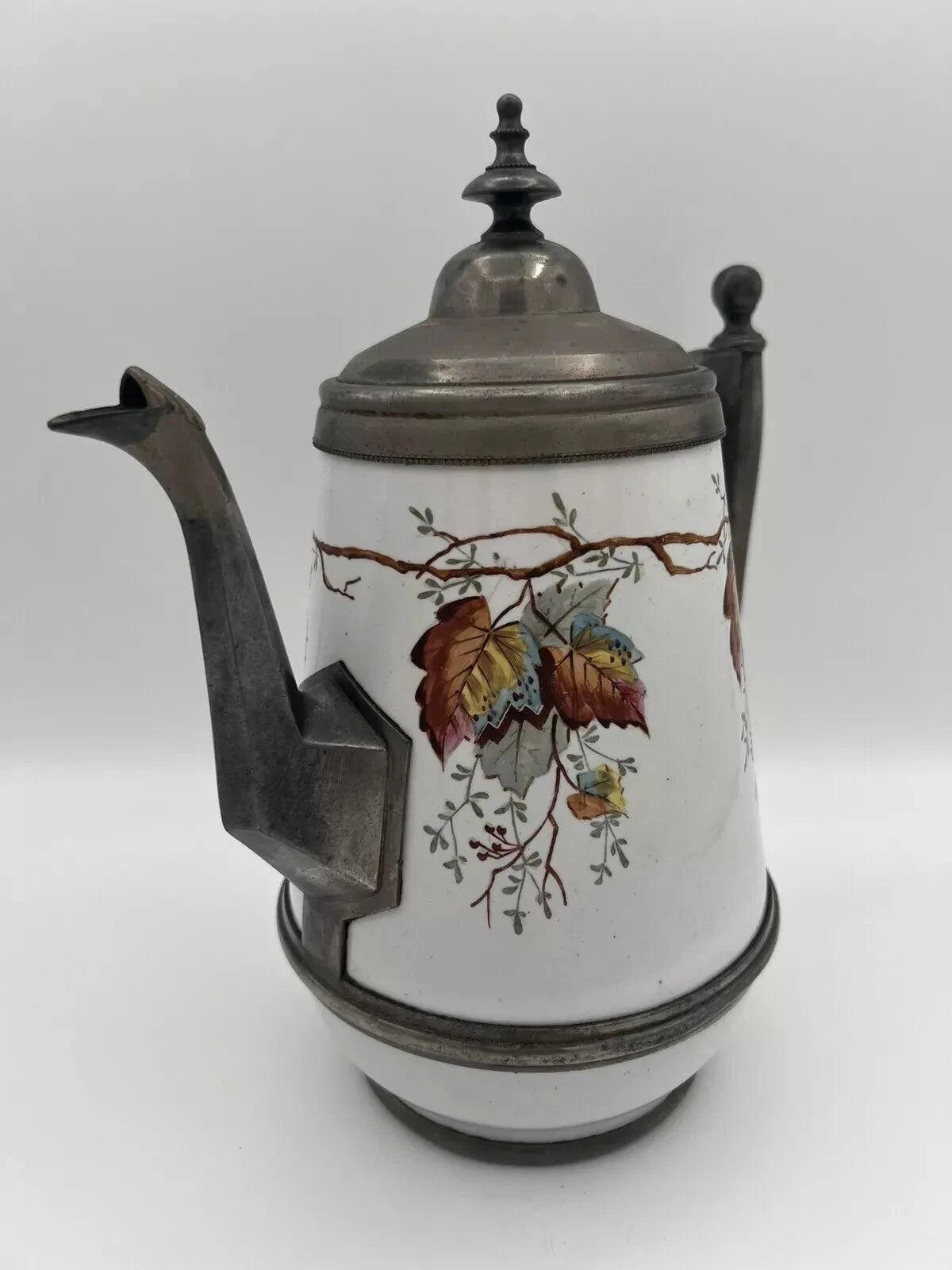 Antique Manning Bowman & Co 11” Teapot Coffee Pot Hand Painted Enamel & Pewter