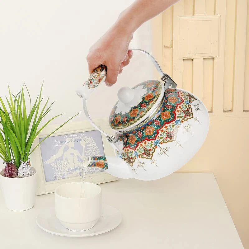 Ceramic Enamel Tea Kettle 2.6 Quart Large Floral Colorful Teapot With Handle For