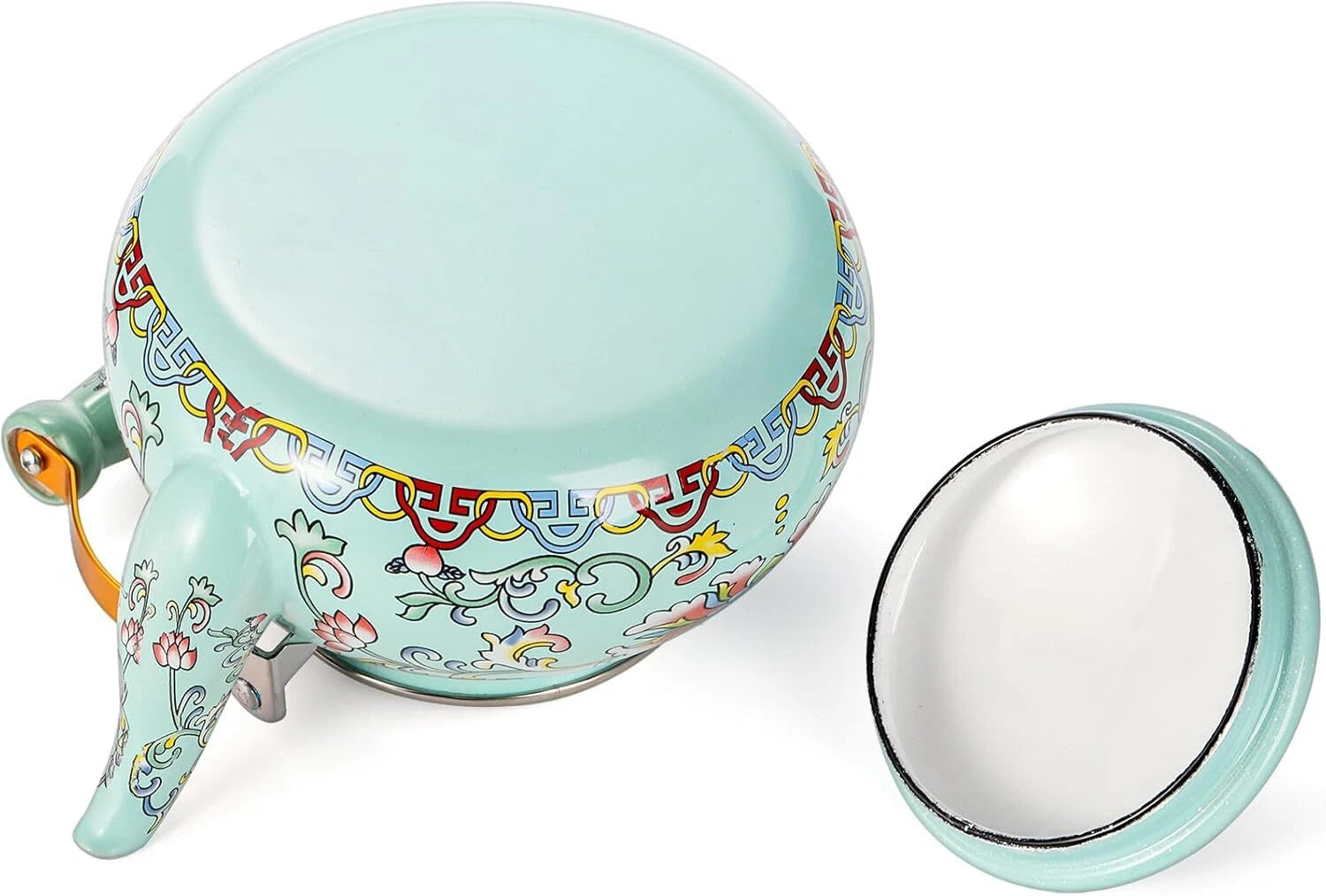 2.6 Quart Vintage Enamel Tea Kettle Large Enameled Floral Teapot Flower Enamel