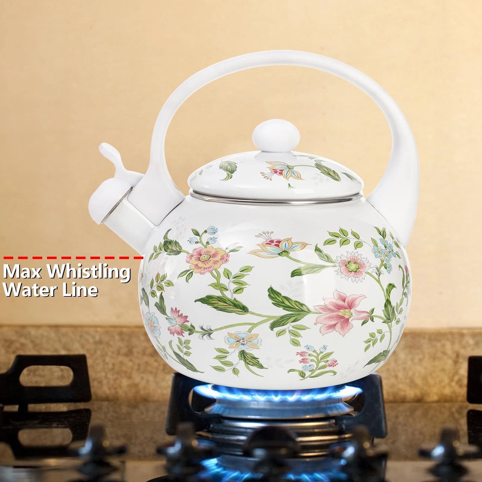 2.3 Quart Vintage Enamel Tea Kettle, Whistling Tea Kettle for Stove Top, Flor...