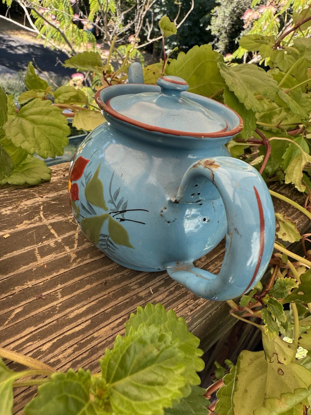 French Vintage Enamelware Tea Pot/Raised Enamelware Floral Painting/Miniature