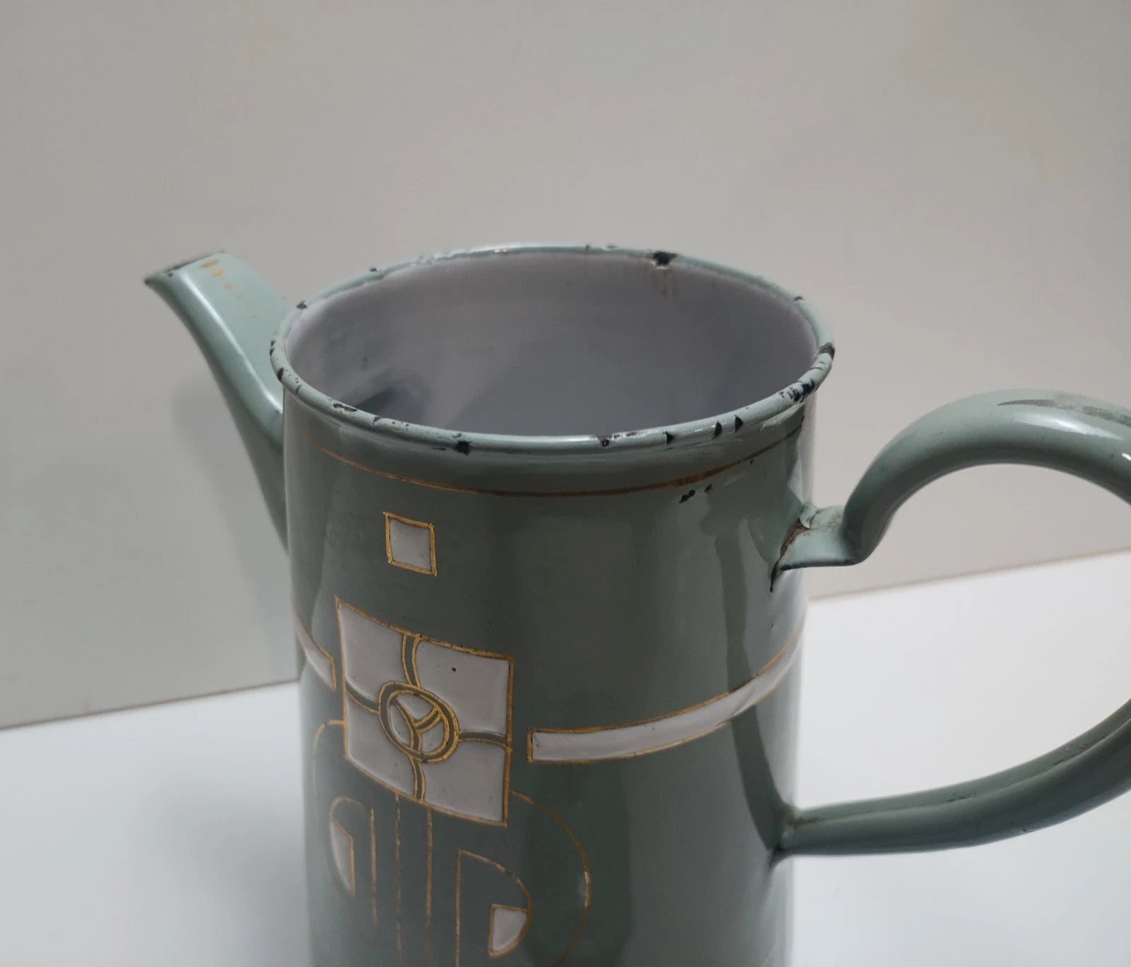 Antique Art Nouveau Jugendstil Blue Enamelware W/ Raised Elements Teapot Kettle