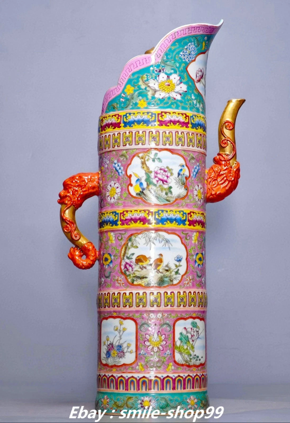 20.4" Yongzheng Enamel Colour Porcelain Gilt Flower Bird Wine Tea Pot Flagon