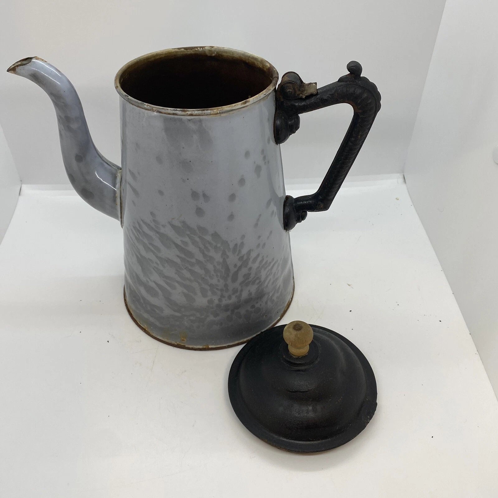 Antique American GRANITEWARE Grey Mottled Enamel Gooseneck 8" Teapot Coffee