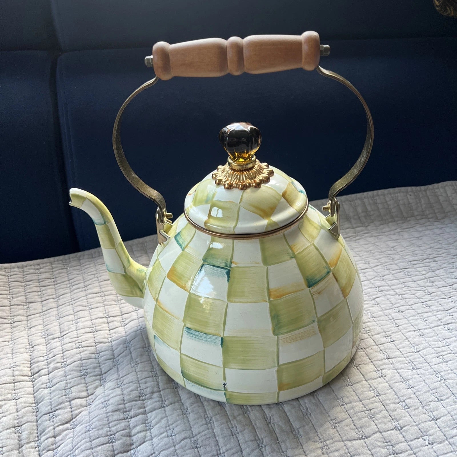 MACKENZIE CHILD PARCHMENT TEAPOT KETTLE ENAMEL AMBER FINIA -