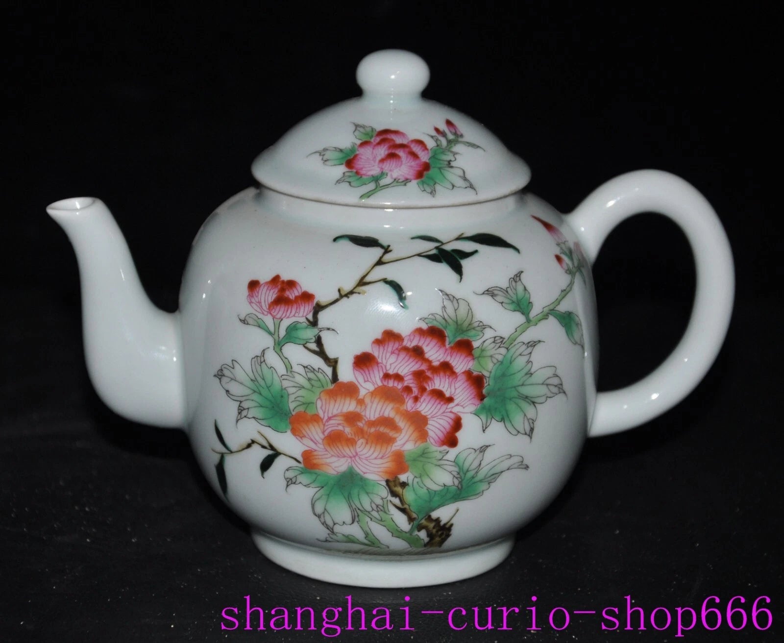 6.6"Qing Dynasty Qianlong enamel porcelain flowers text Tea set Teapot statue