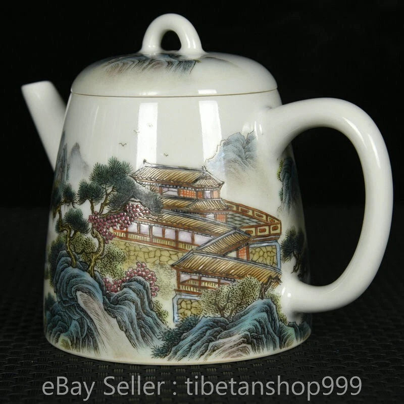 5" Old Chinese Yongzheng Enamel Porcelain Landscape Handle Tea Pot Kettle