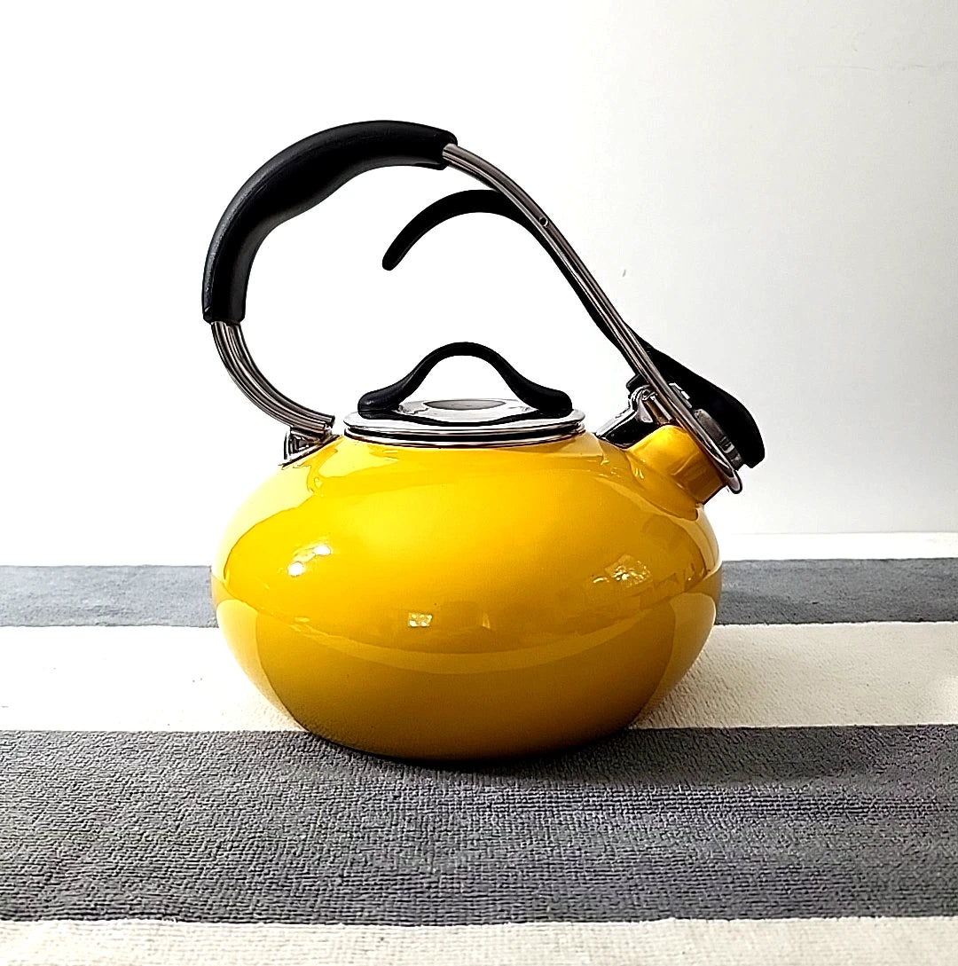 Chantal Yellow Livestrong 1.8 Quart Enamel Loop Whistling Tea Kettle Pot EUC
