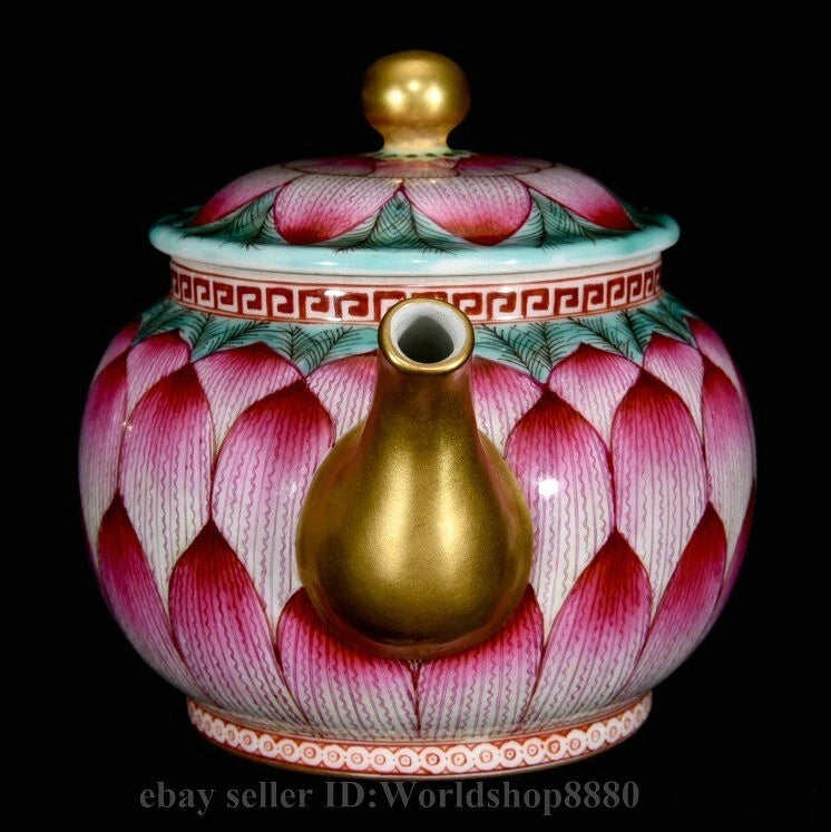 6.4"Qianlong Marked Enamel Porcelain Gilt Lotus Flower Petal Pattern Wine Teapot