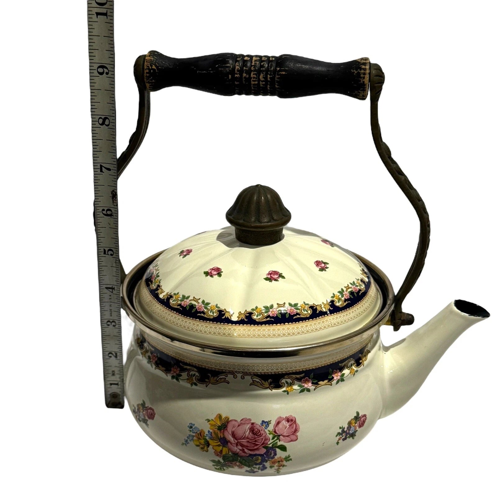 ASTA Enamelware Tea Kettle 1960s Teapot Brass Handles Floral Vtg West Germany