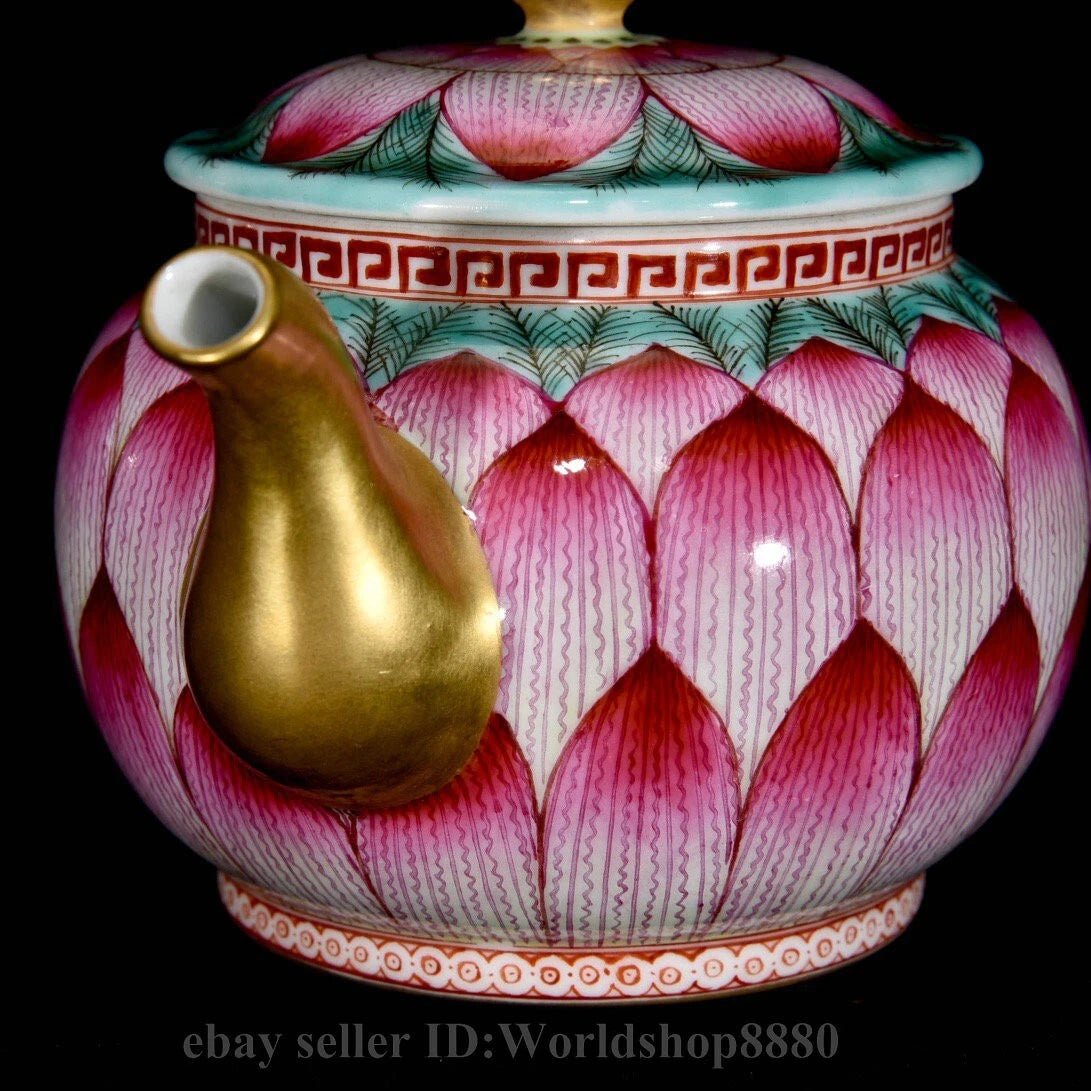 6.4"Qianlong Marked Enamel Porcelain Gilt Lotus Flower Petal Pattern Wine Teapot