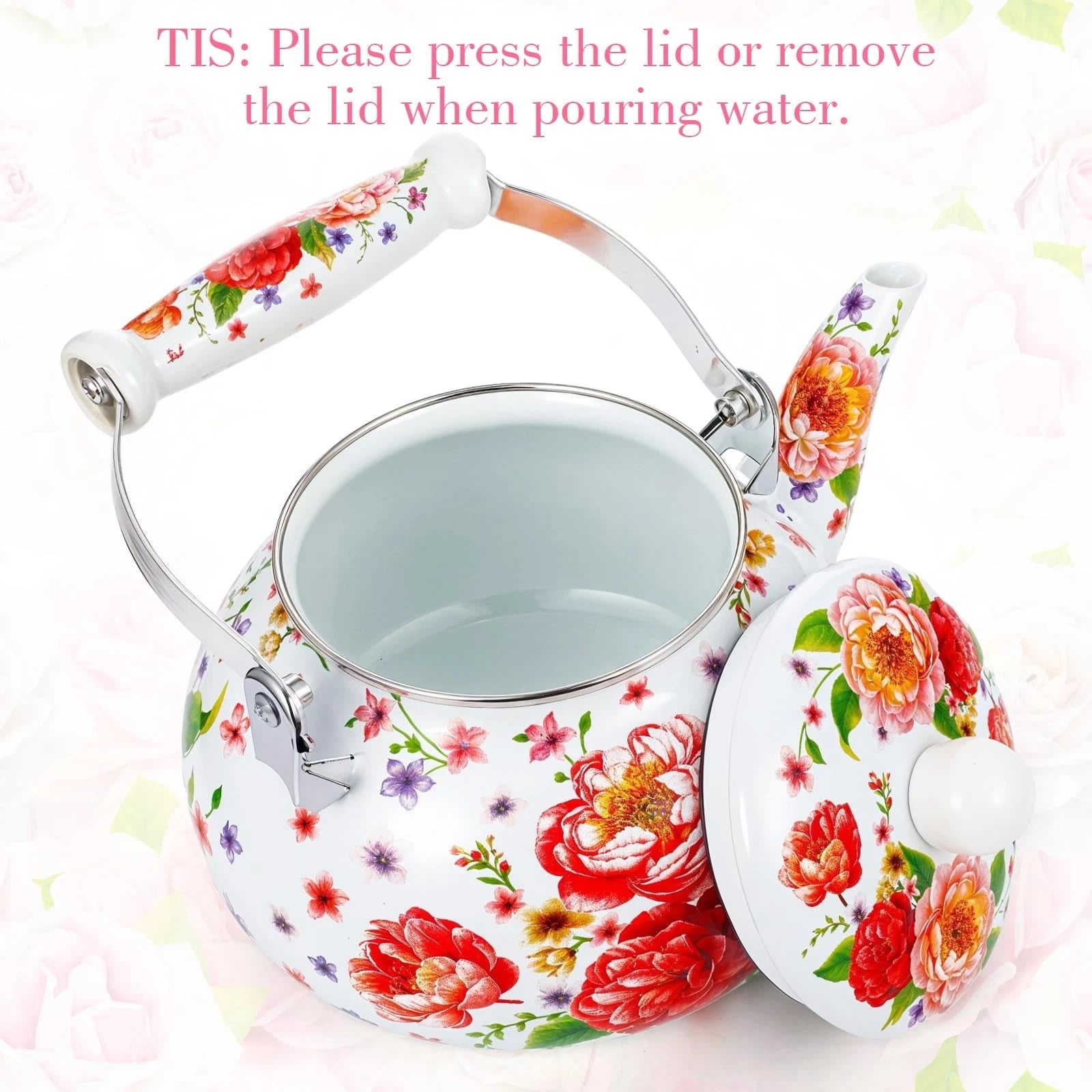 2.6 Quart Floral Enamel Tea Kettle, Vintage Enameled Teapot Stovetop, Enamel ...