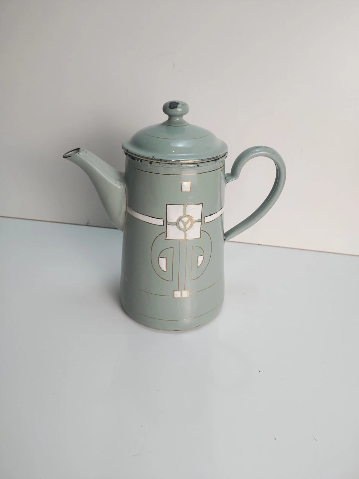 Antique Art Nouveau Jugendstil Blue Enamelware W/ Raised Elements Teapot Kettle
