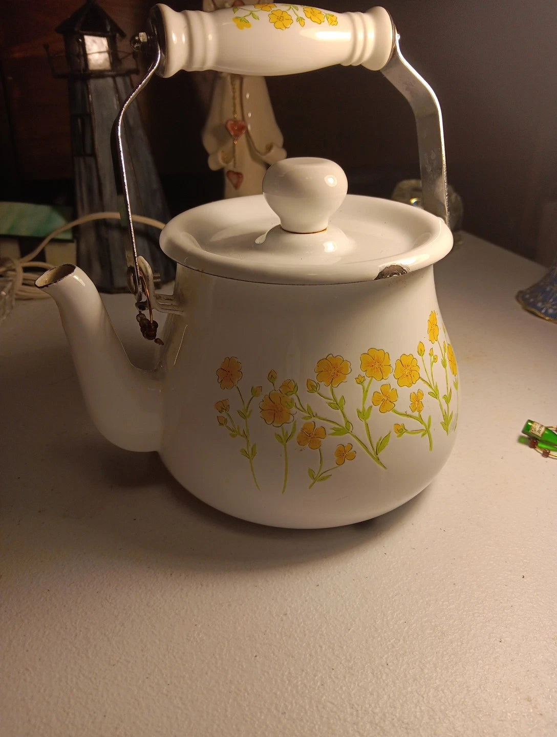 Enamelware Teapot White With Yellow Floral Design