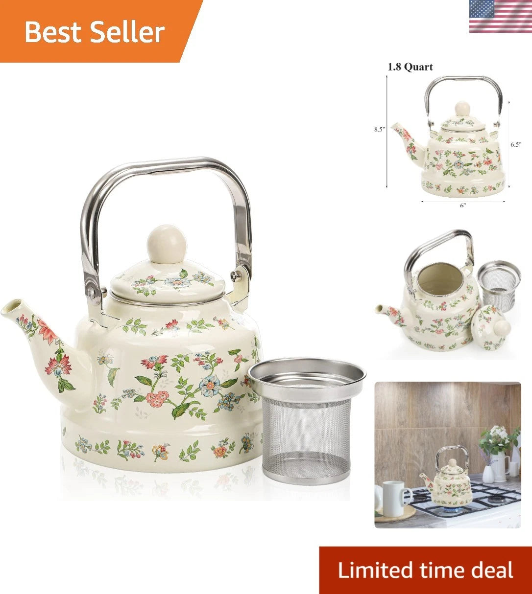 Elegant 1.8L Enamel Teapot - Retro Green Floral Design for Home and Camping
