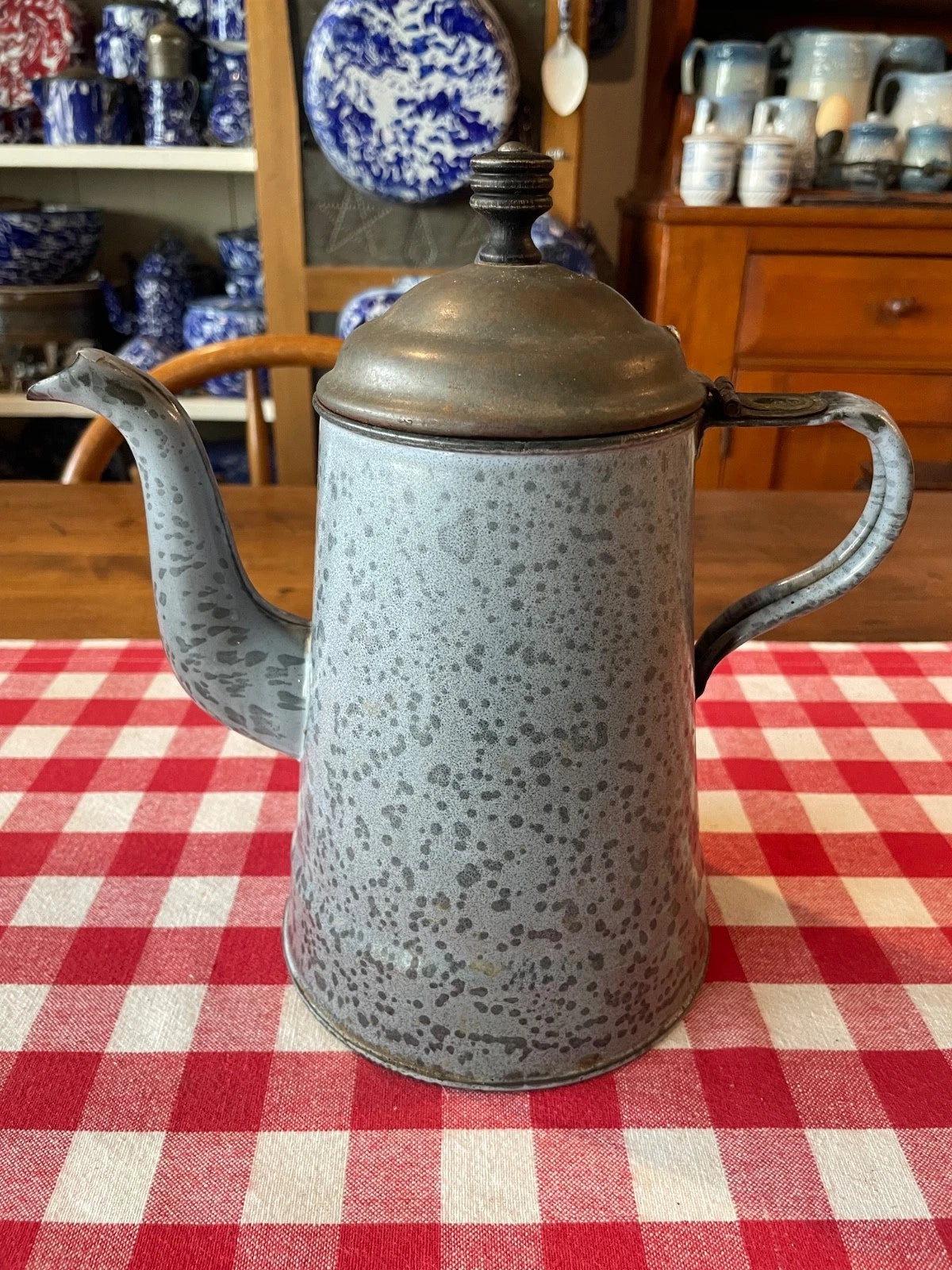 Antique Gray Graniteware Gooseneck Teapot