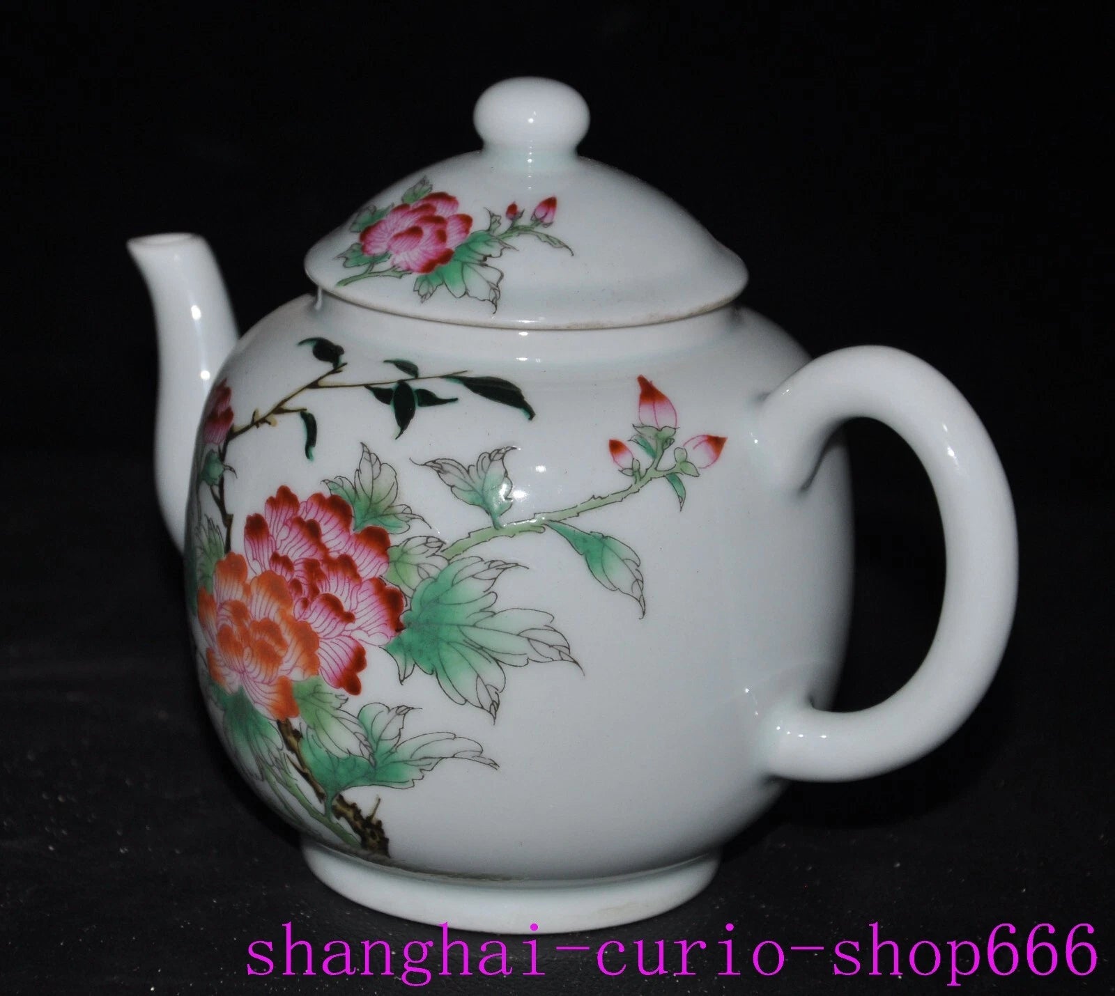 6.6"Qing Dynasty Qianlong enamel porcelain flowers text Tea set Teapot statue