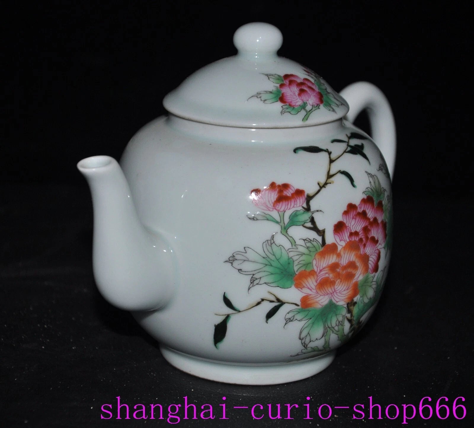 6.6"Qing Dynasty Qianlong enamel porcelain flowers text Tea set Teapot statue