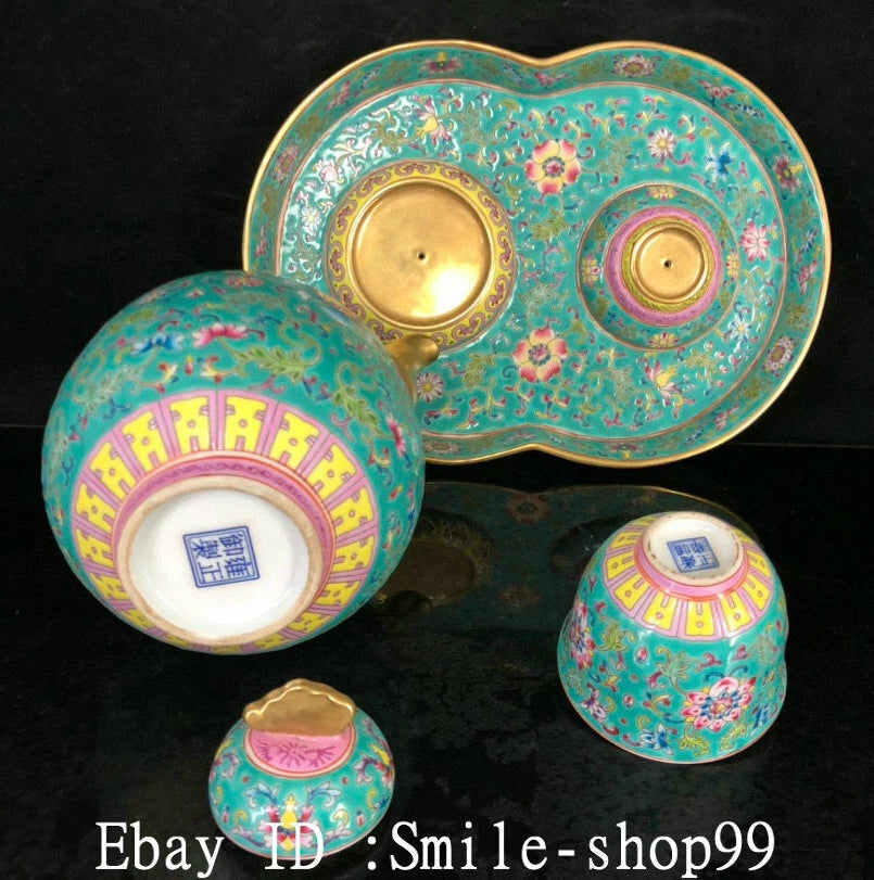 7.8" Old Qing Dynasty Enamel Colour Porcelain Gilt Wine Tea Pot Flagon Cup Set