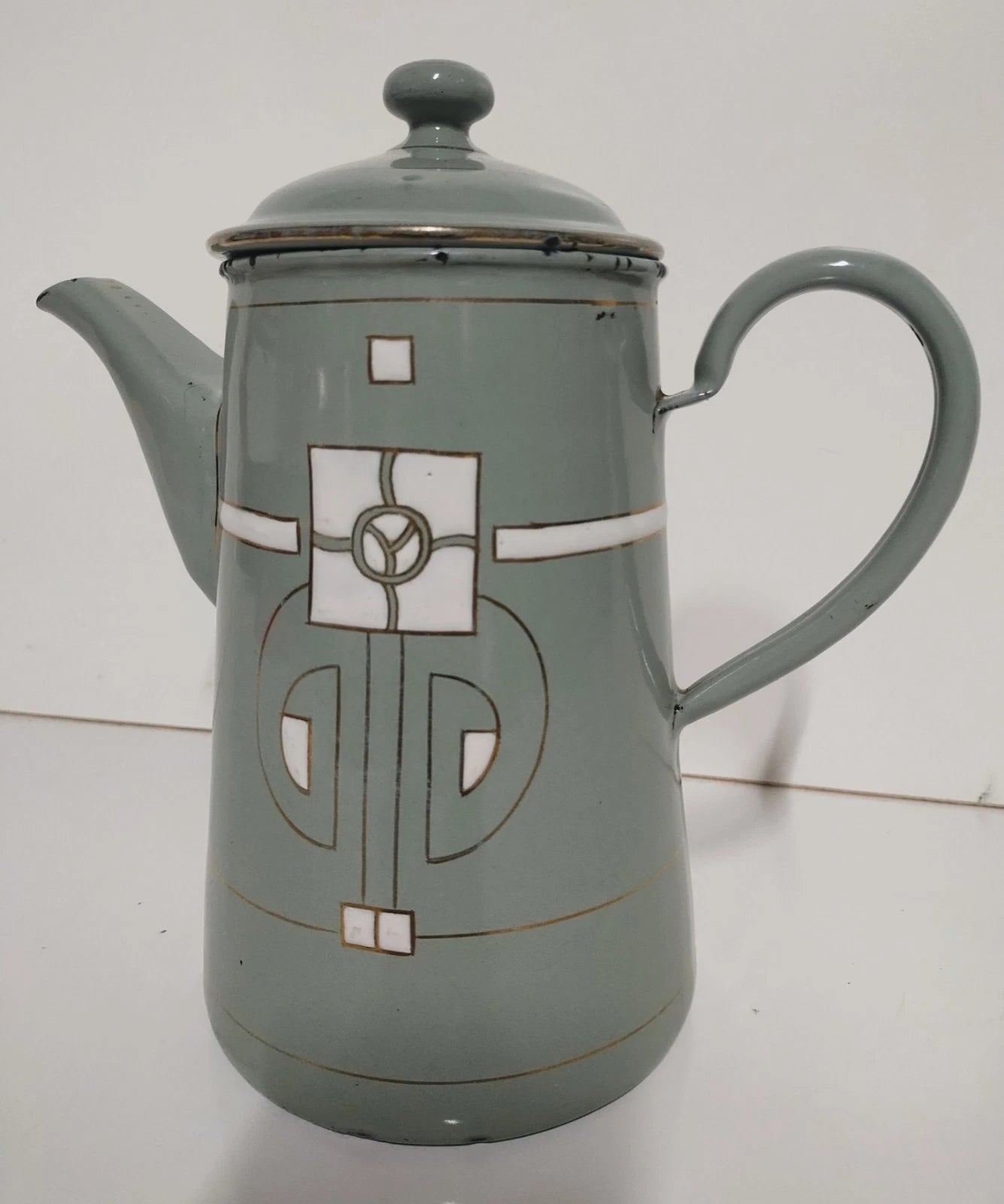Antique Art Nouveau Jugendstil Blue Enamelware W/ Raised Elements Teapot Kettle
