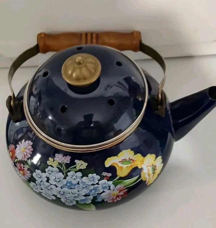 1983 GAILSTYN-SUTTON "Flower Garden" Vintage Enamel Ware Teapot Wooden Handle...
