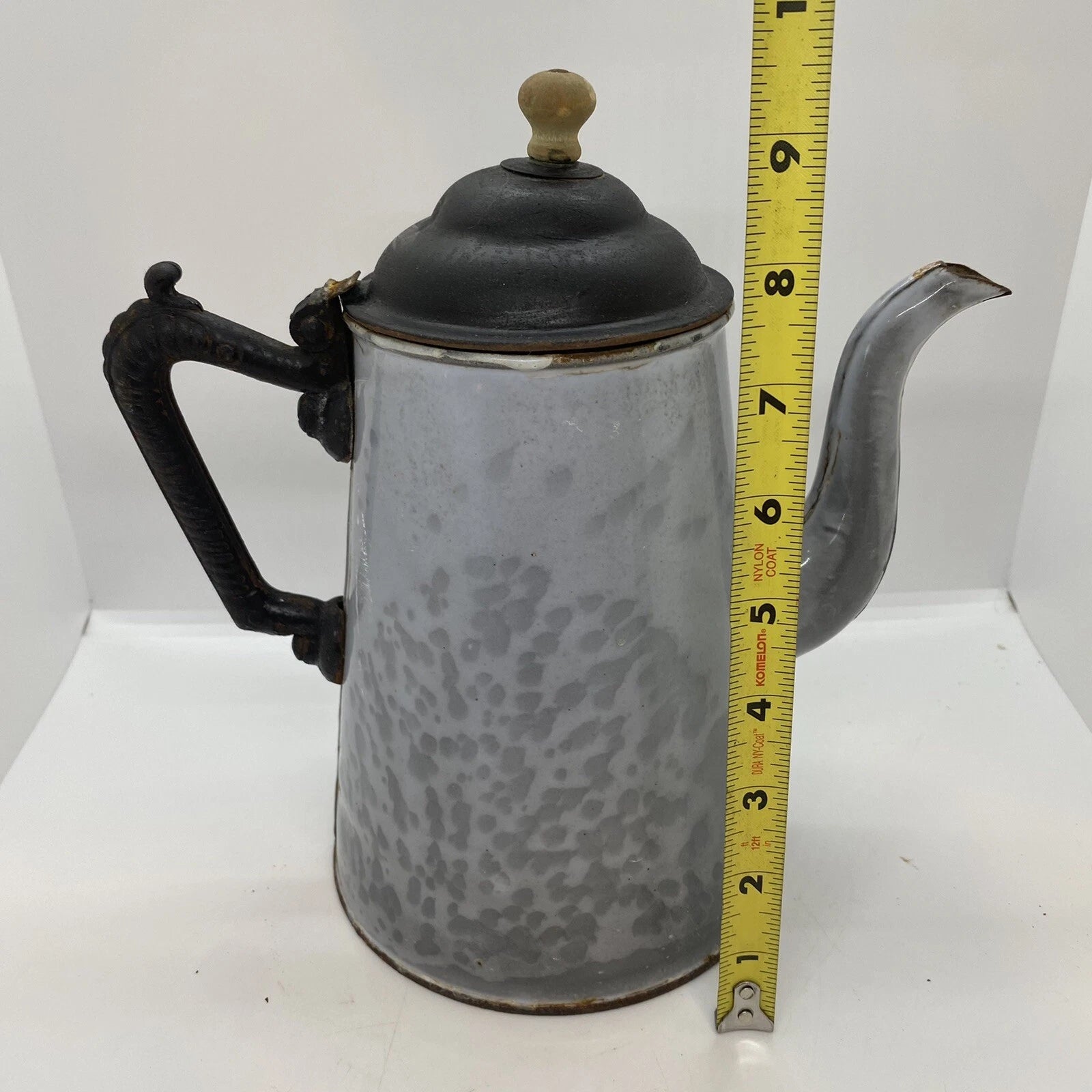 Antique American GRANITEWARE Grey Mottled Enamel Gooseneck 8" Teapot Coffee