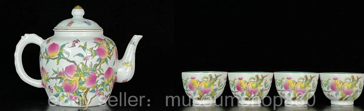 6" Qing Yongzheng Chinese Colour enamel Gilt Porcelain Peach Tea Pot Cup set