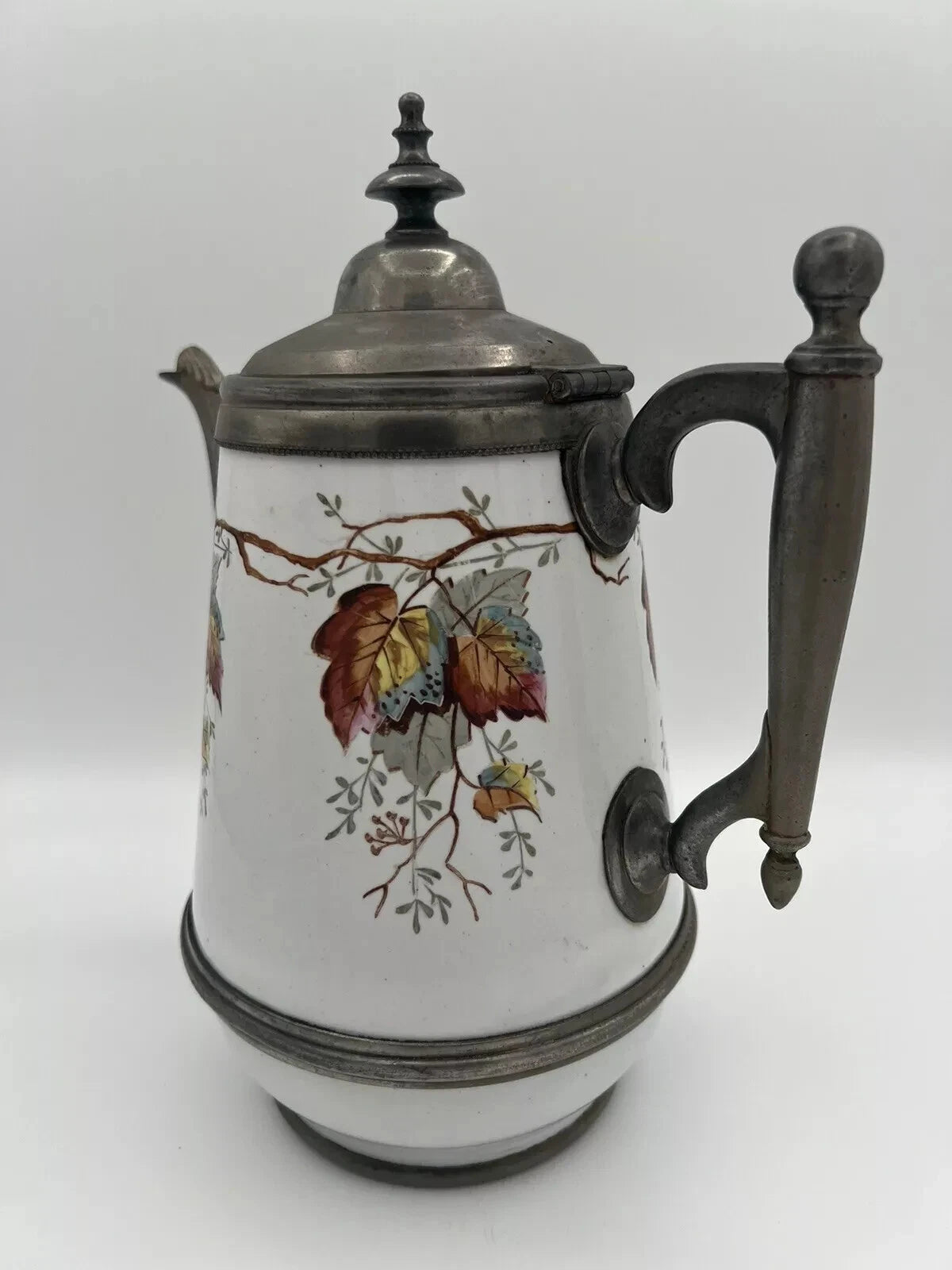 Antique Manning Bowman & Co 11” Teapot Coffee Pot Hand Painted Enamel & Pewter
