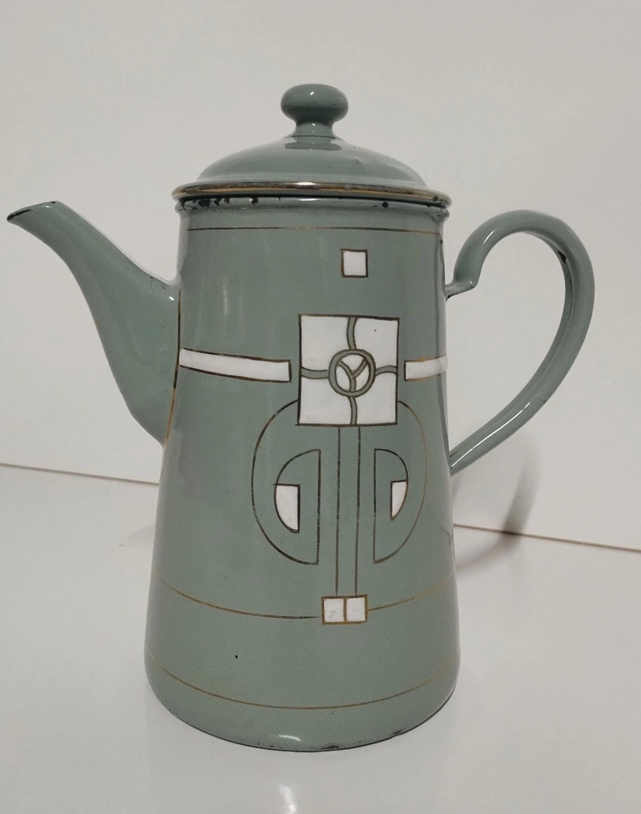 Antique Art Nouveau Jugendstil Blue Enamelware W/ Raised Elements Teapot Kettle