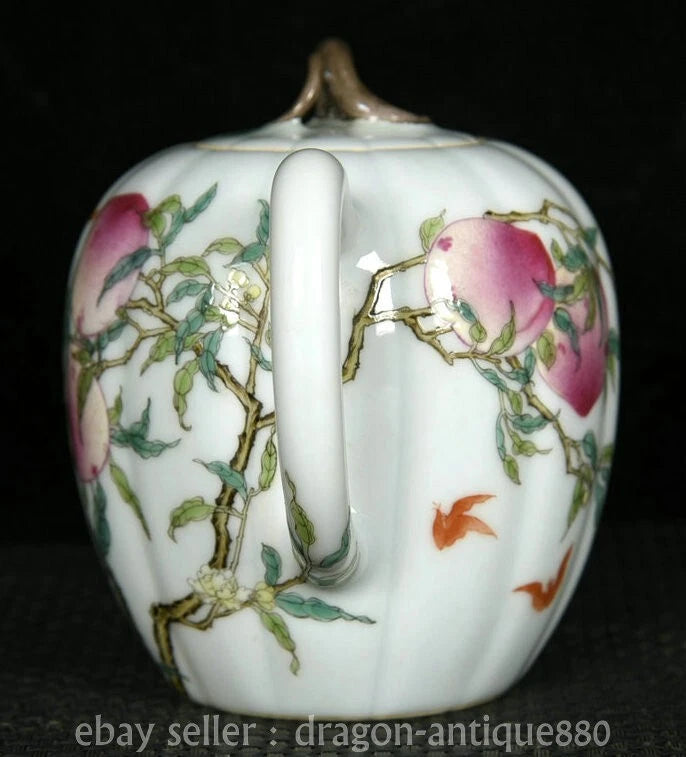 6.2" Old China Qianlong Marked Colour Enamel Porcelain Fushou Bat Peach Teapot