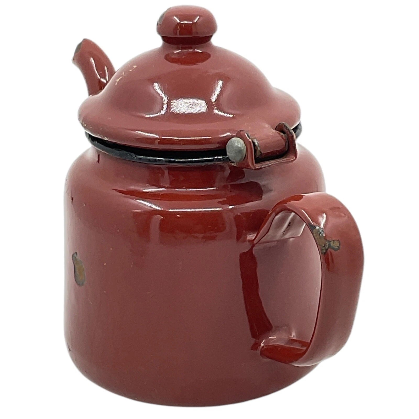 Brown Tea Pot With Hinged Lid Small Enamelware Vintage Farmhouse Decor