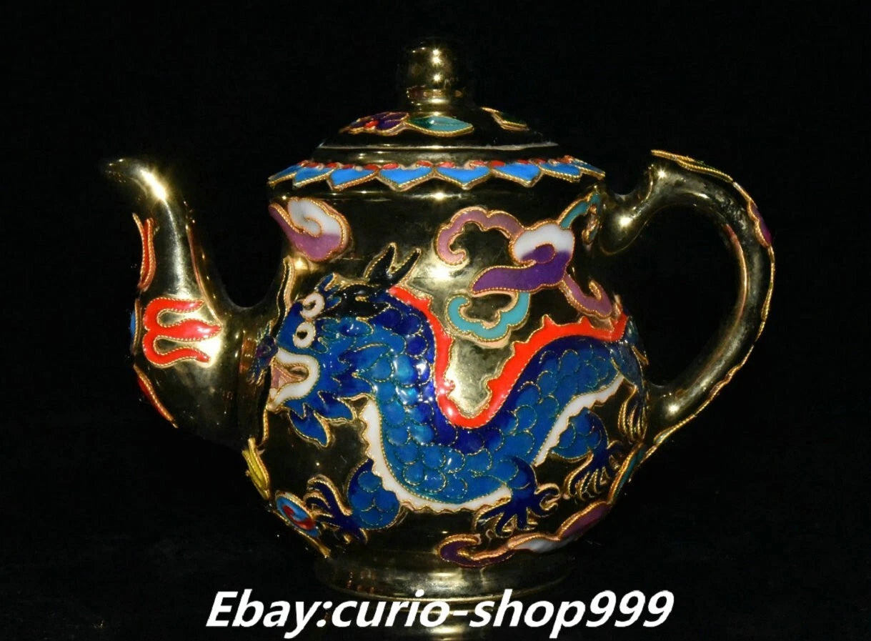 9" Enamel Porcelain Filigree Gold Dragon Crane Birds Tea Pot Cup Tray Tea Set