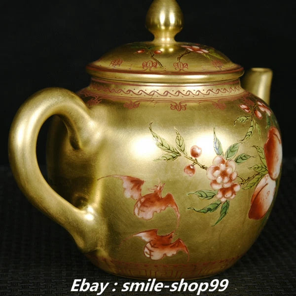 5.7" Qianlong Enamel Colour Porcelain Gold Bat Peach Pattern Wine Tea Pot Flagon