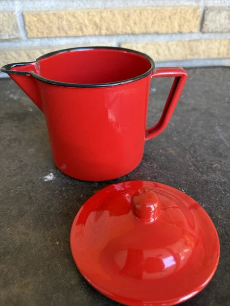 Enamel Red Coffee Pot Hand Tea Kettle With Sugar And Creamer Signs Of Wear